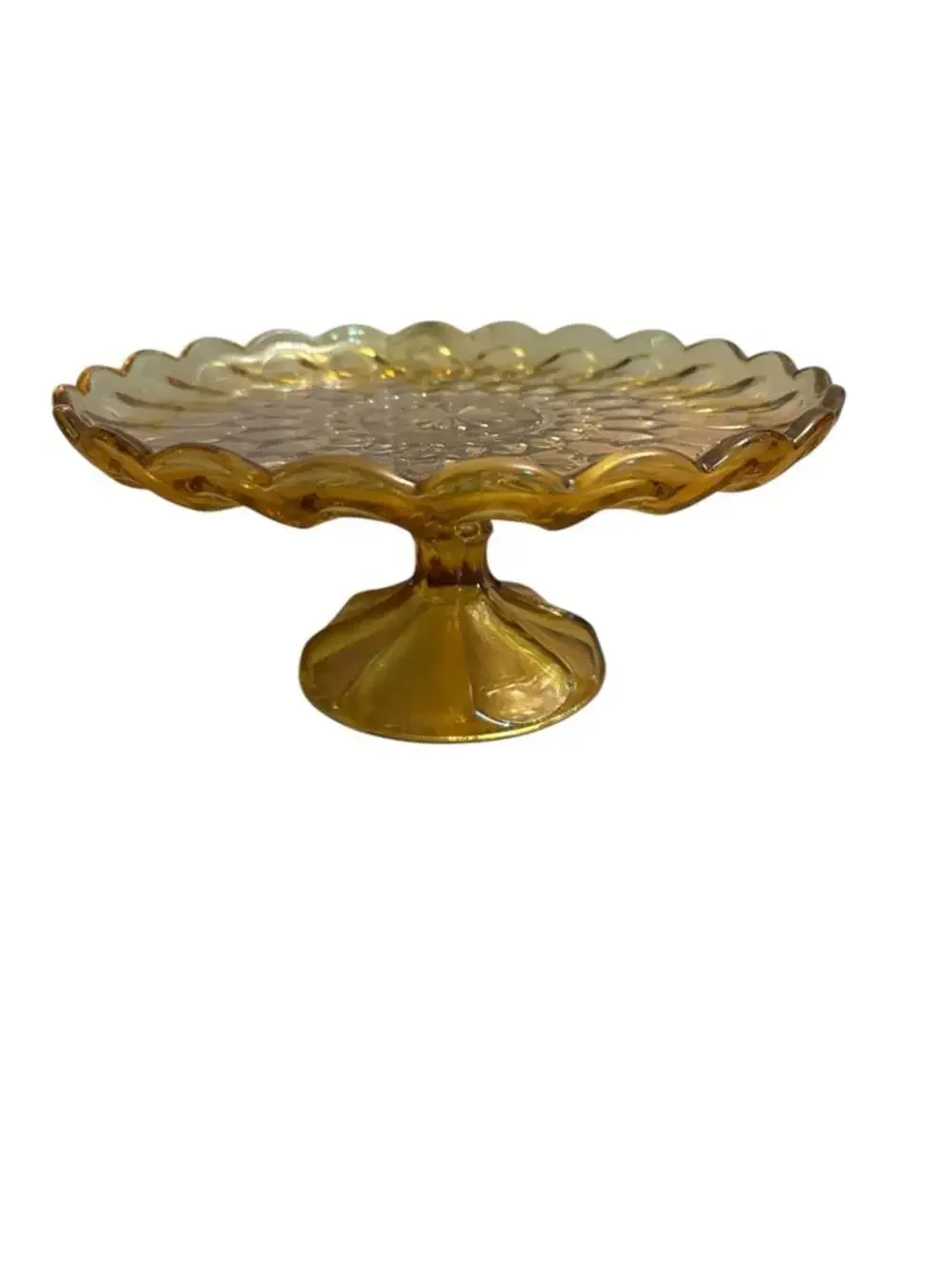 Vintage Amber Glass Pedestal Compote Cake Stand Scalloped Serving Bowl 10 Inch